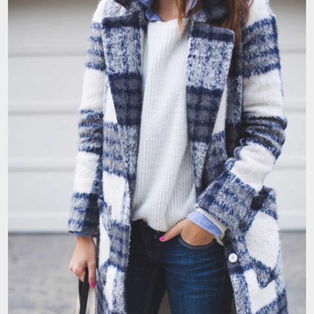 Forever 21 Blue and White Plaid Pea Coat